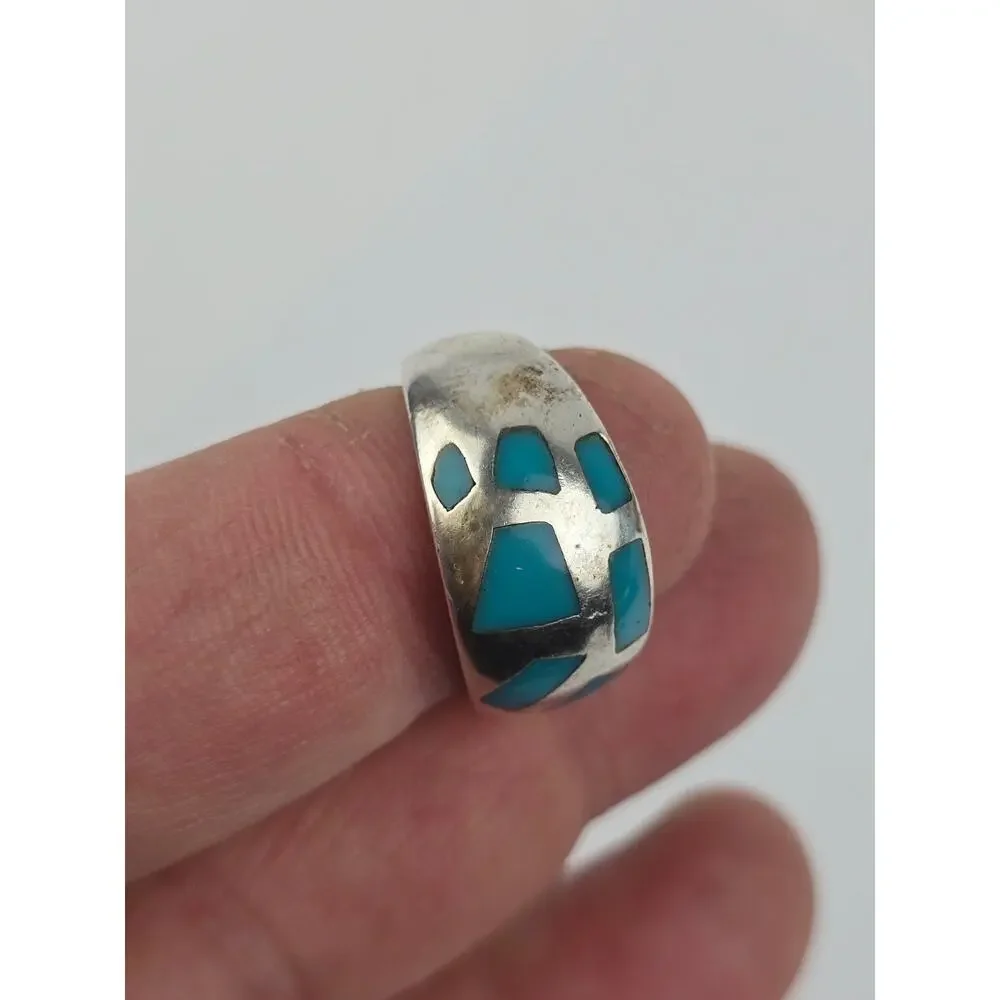 Vintage Sterling silver Band ring with Mosaic inlay Turquoise Size 7.25
